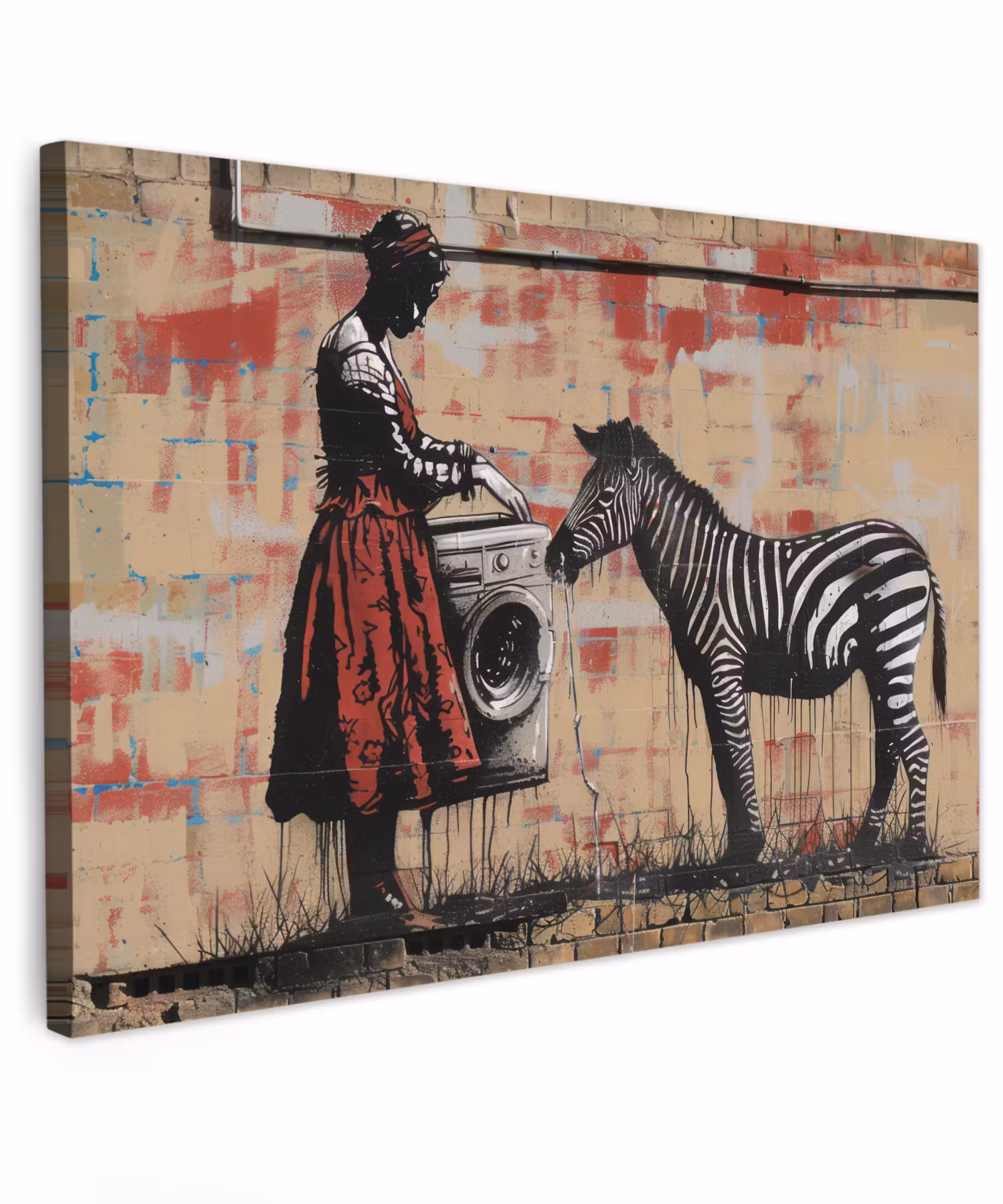 Canvas schilderij - Street art - Zebra - Vrouw - Dieren - Graffiti - Banksy