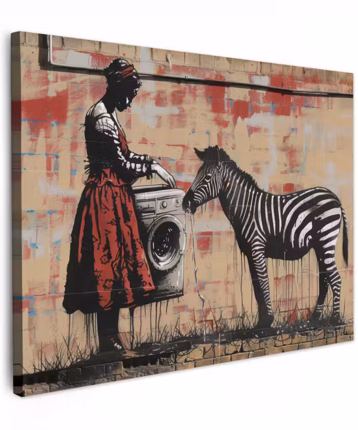 Canvas schilderij - Street art - Zebra - Vrouw - Dieren - Graffiti - Banksy