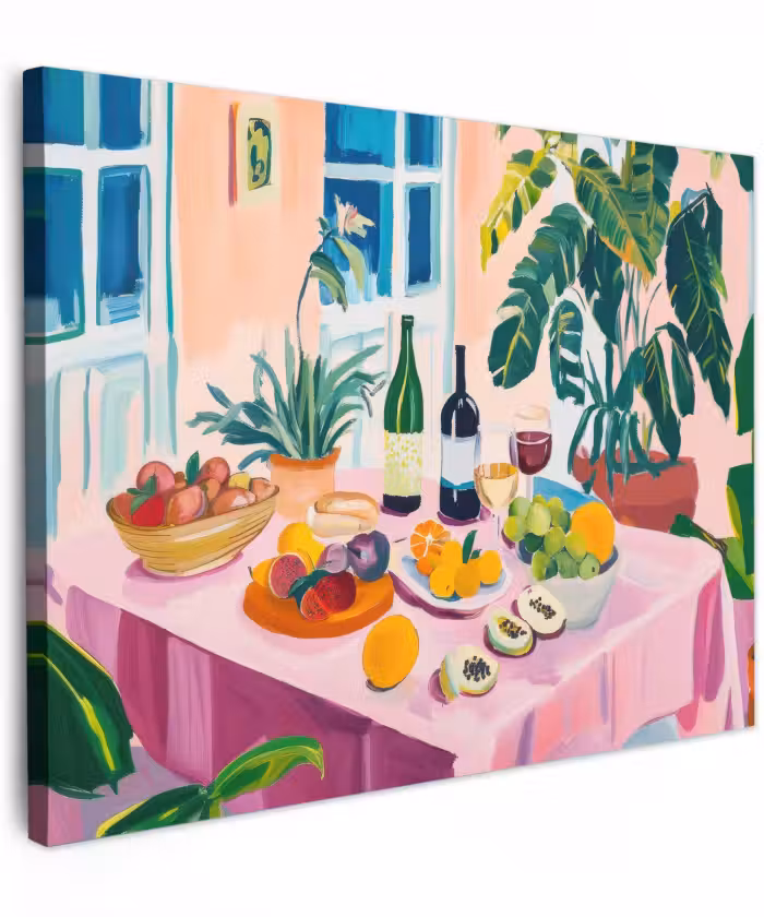 Canvas schilderij - Tafel - Wijn - Fruit