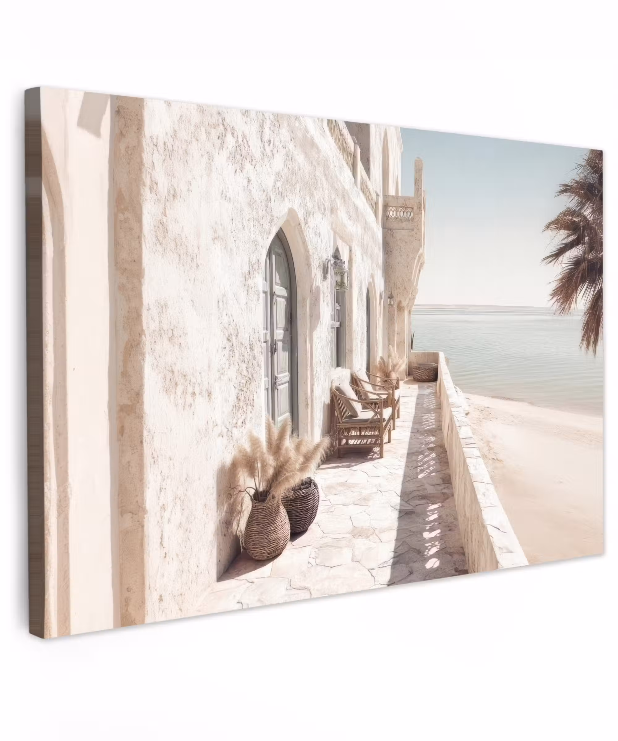 Canvas schilderij - Terras - Stoelen - Strand - Beige