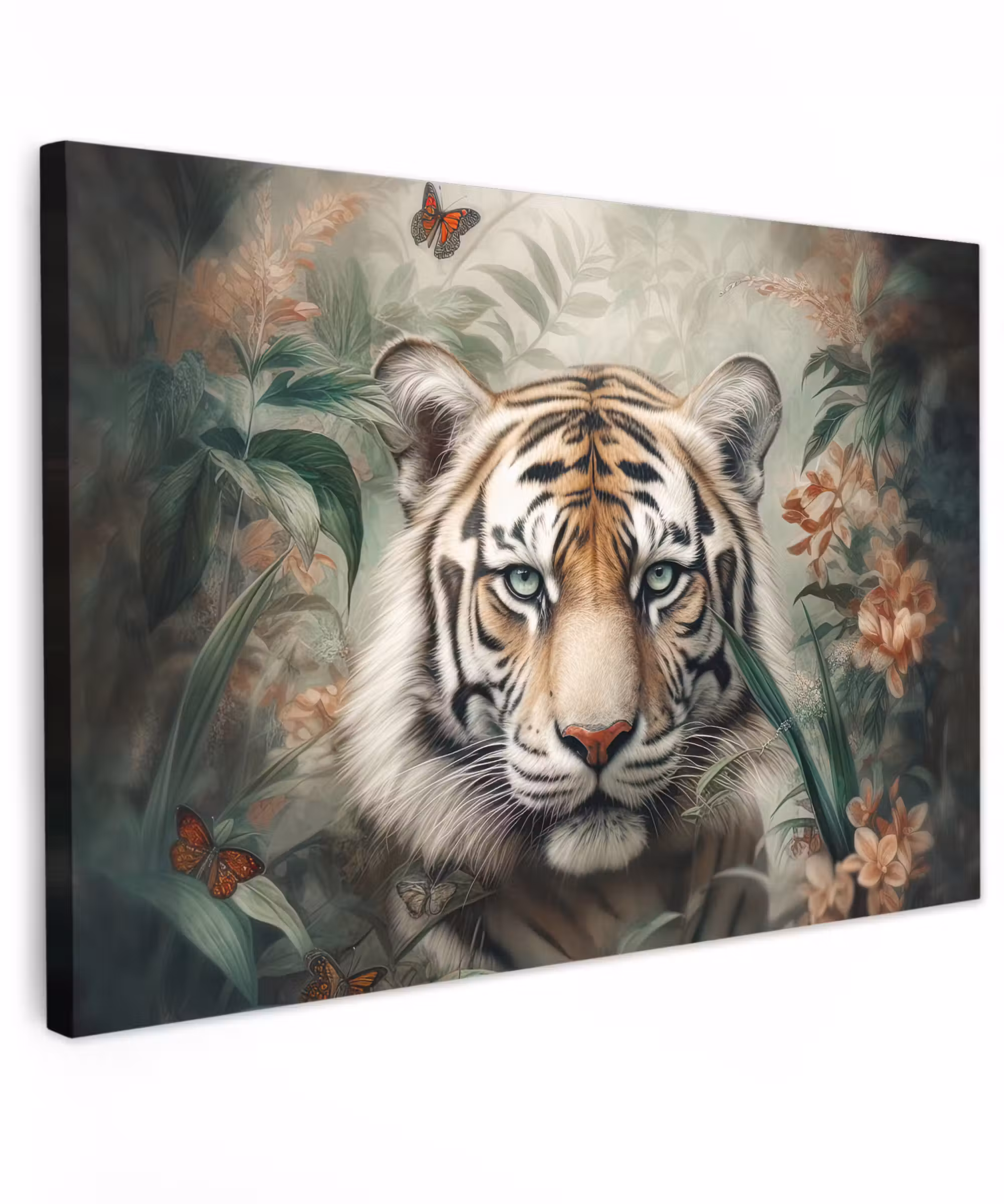 Canvas schilderij - Tijger - Vlinders - Dieren - Jungle - Bloemen