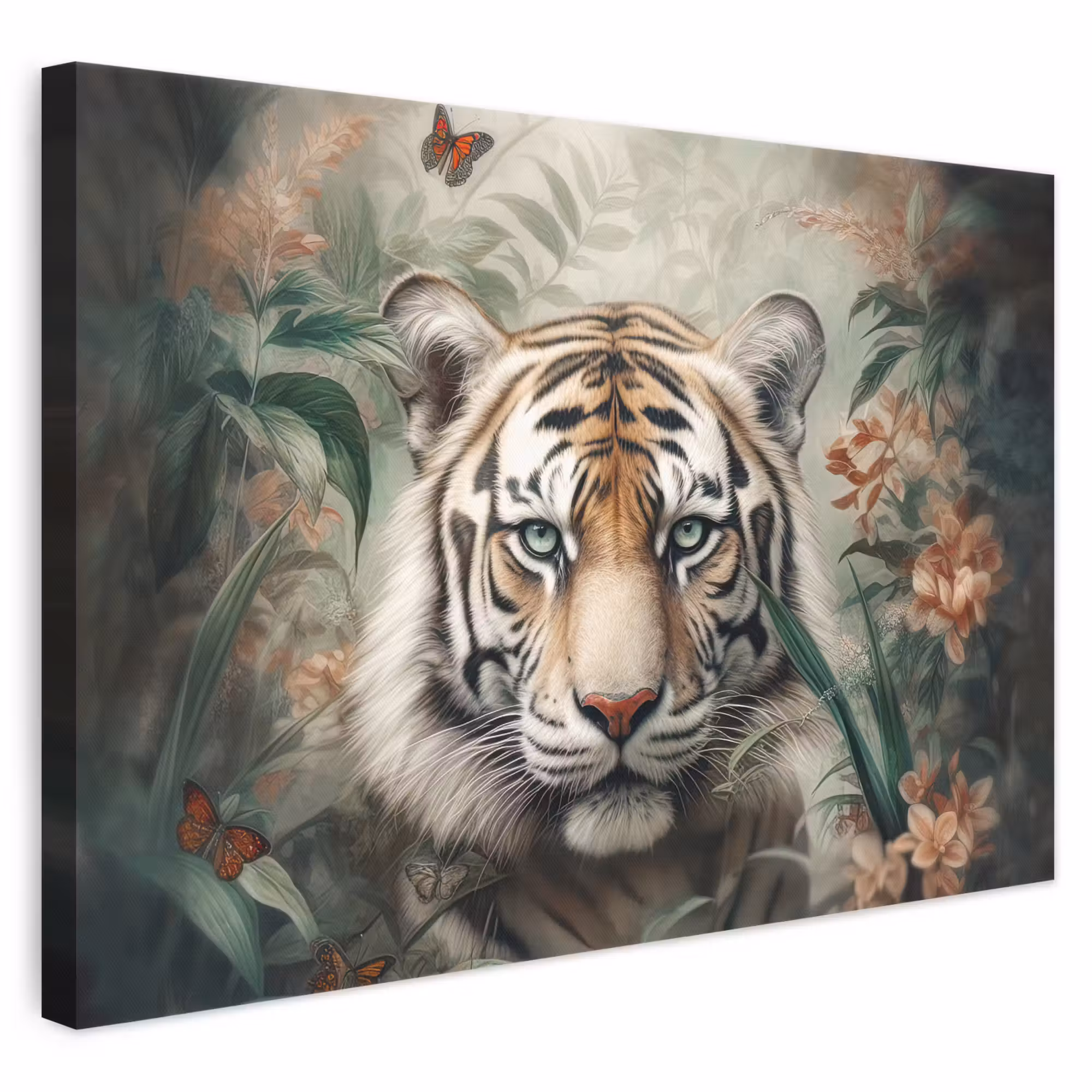 Canvas schilderij - Tijger - Vlinders - Dieren - Jungle - Bloemen