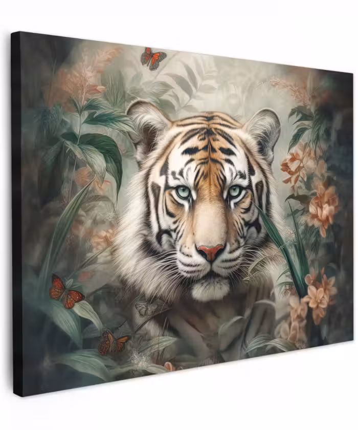 Canvas schilderij - Tijger - Vlinders - Dieren - Jungle - Bloemen