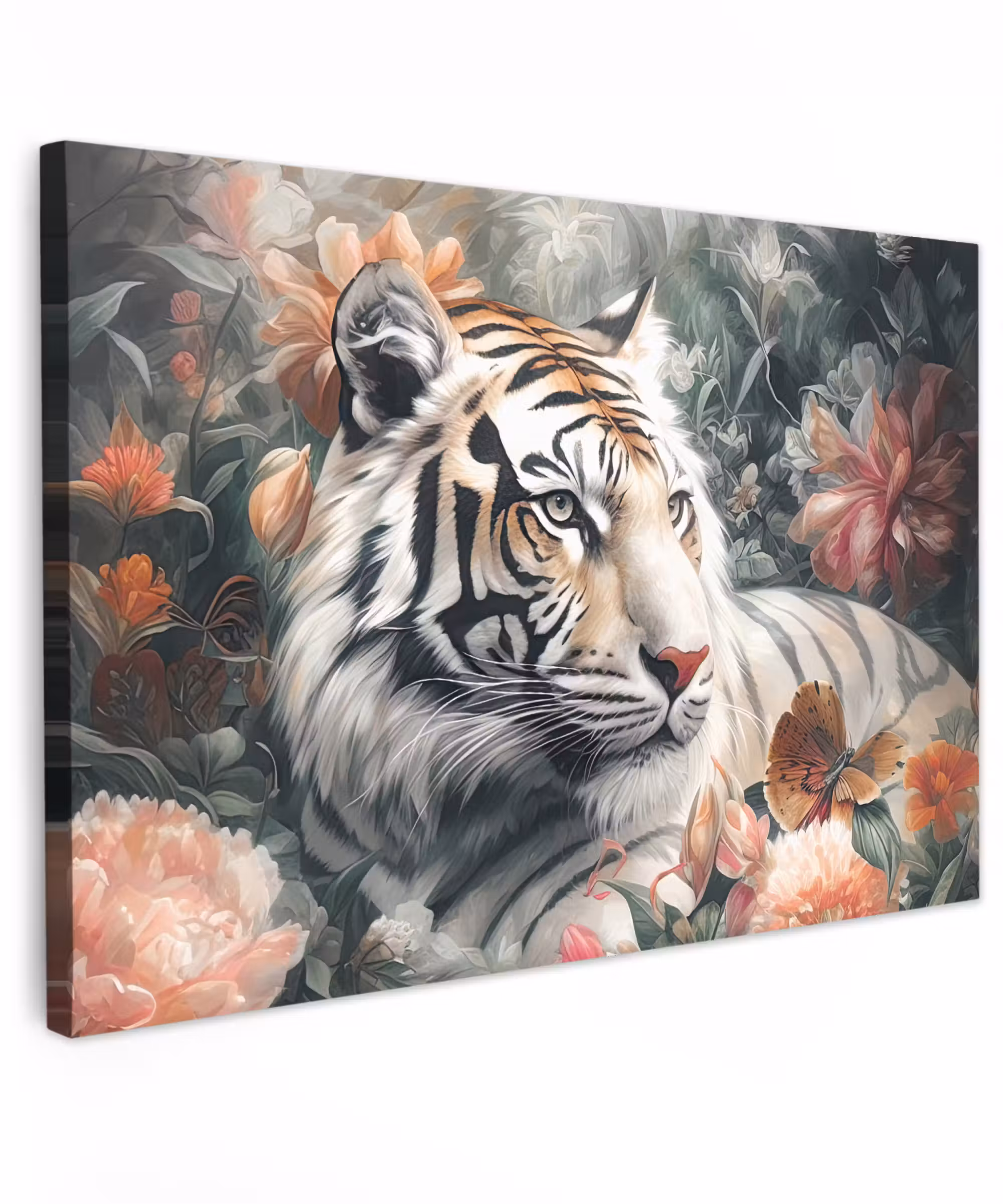 Canvas schilderij - Tijger - Wilde dieren - Bloemen - Jungle
