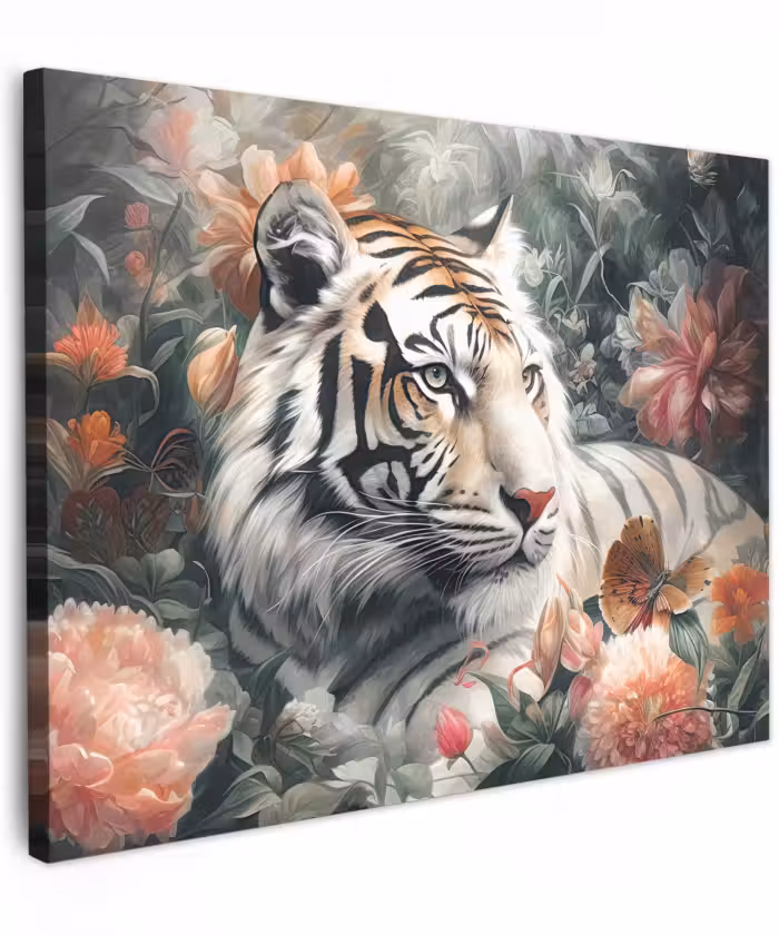 Canvas schilderij - Tijger - Wilde dieren - Bloemen - Jungle