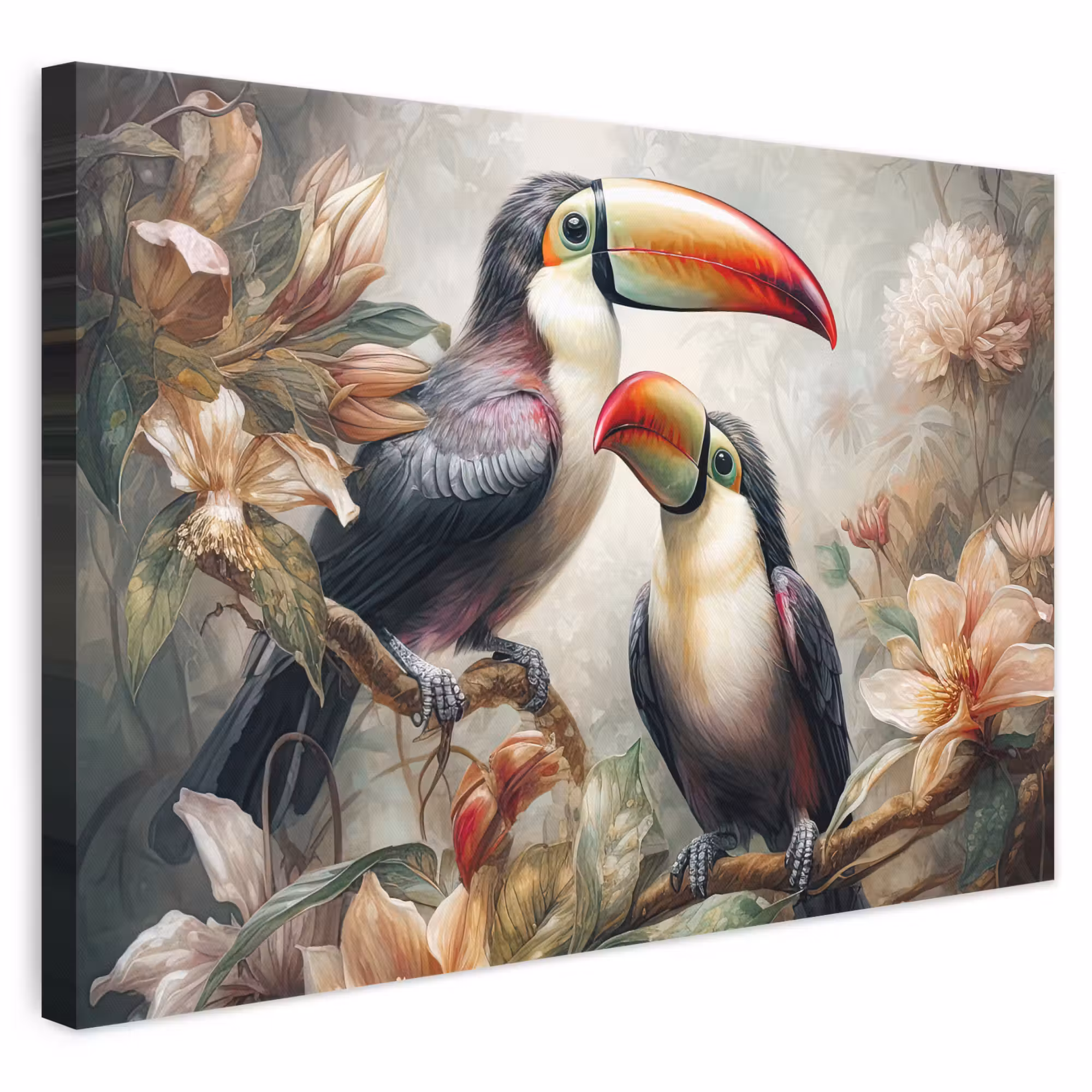 Canvas schilderij - Toekan - Vogels - Bloemen - Jungle