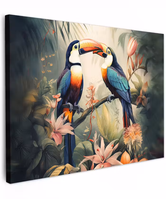 Canvas schilderij - Toekan - Vogels - Bloemen - Natuur - Jungle