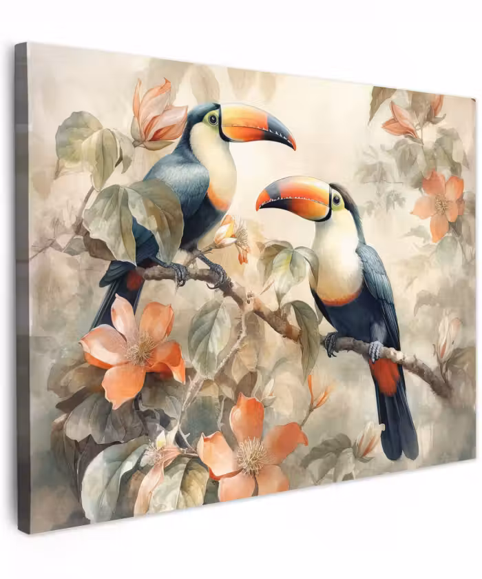 Canvas schilderij - Toekan - Vogels - Bloemen - Tak