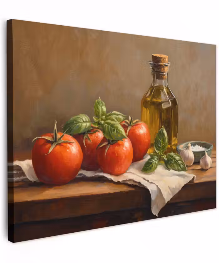 Canvas schilderij - Tomaten - Olijfolie - Stilleven