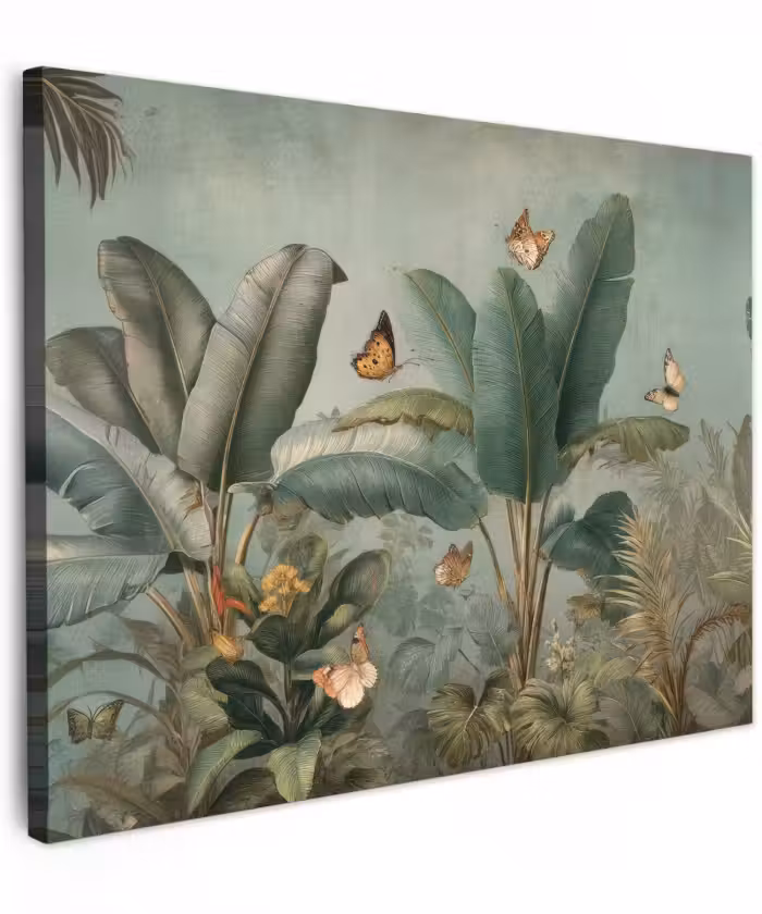Canvas schilderij - Tropisch bladerdek - Vlinders - groen - Bruin