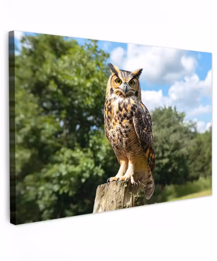 Canvas schilderij - Uil - Boomstronk - Bos - Lucht