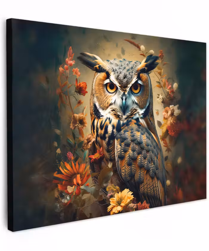 Canvas schilderij - Uil - Vogel - Bloemen - Planten - Botanisch