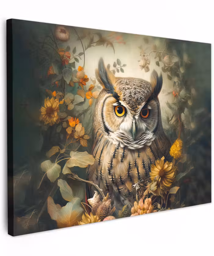 Canvas schilderij - Uil - Vogels - Bloemen - Natuur