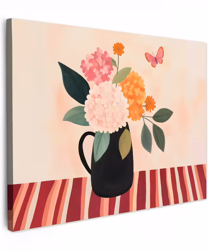 Canvas schilderij - Vaas - Bloemen - Vlinder - Rood