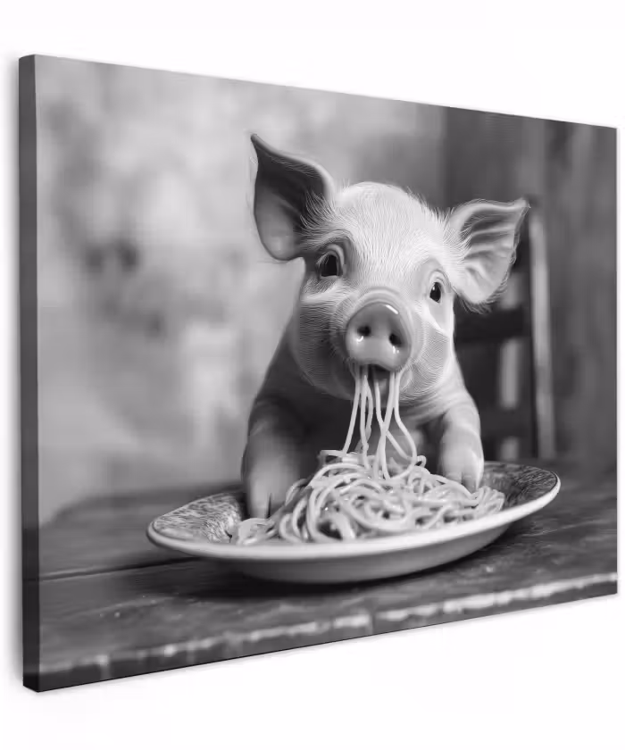 Canvas schilderij - Varken - Schattig - Spaghetti - Zwart wit - Dier