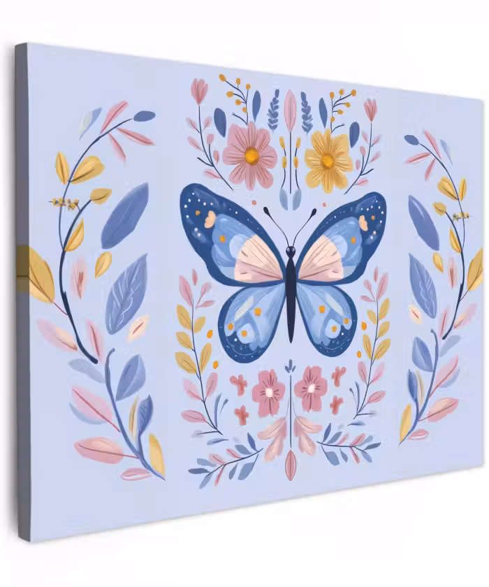 Canvas schilderij - Vlinder - Lichtblauw - Sierlijk - Bloemen