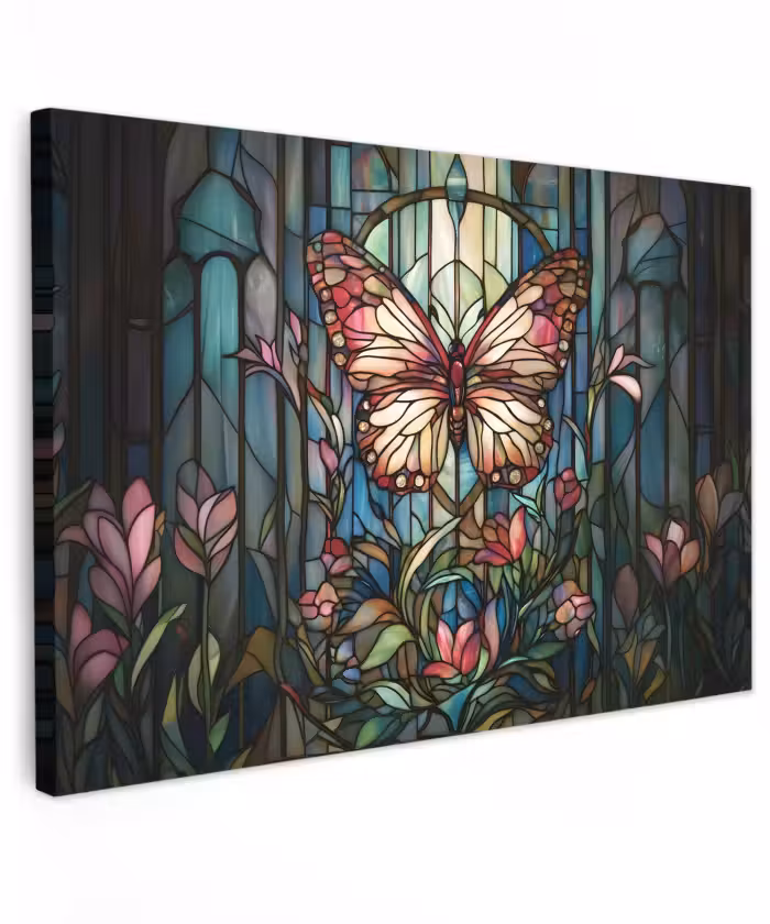 Canvas schilderij - Vlinder - Roze - Bloemen - Bladeren