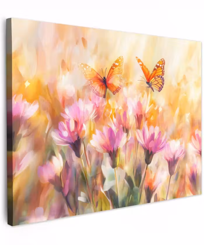 Canvas schilderij - Vlinders - Oranje - Bloemen