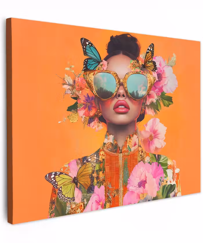 Canvas schilderij - Vlinders - Vrouw - Zonnebril - Kleurrijk