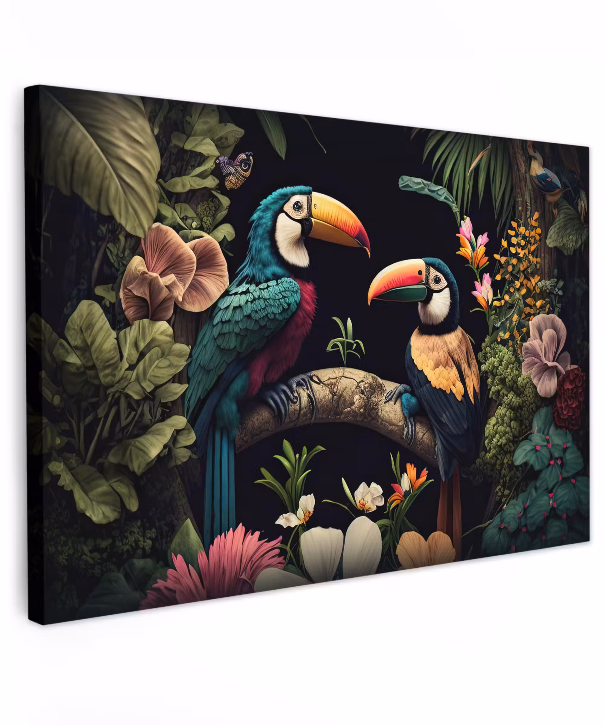 Canvas schilderij - Vogel - Bloemen - Planten - Jungle - Zwart - Toekan