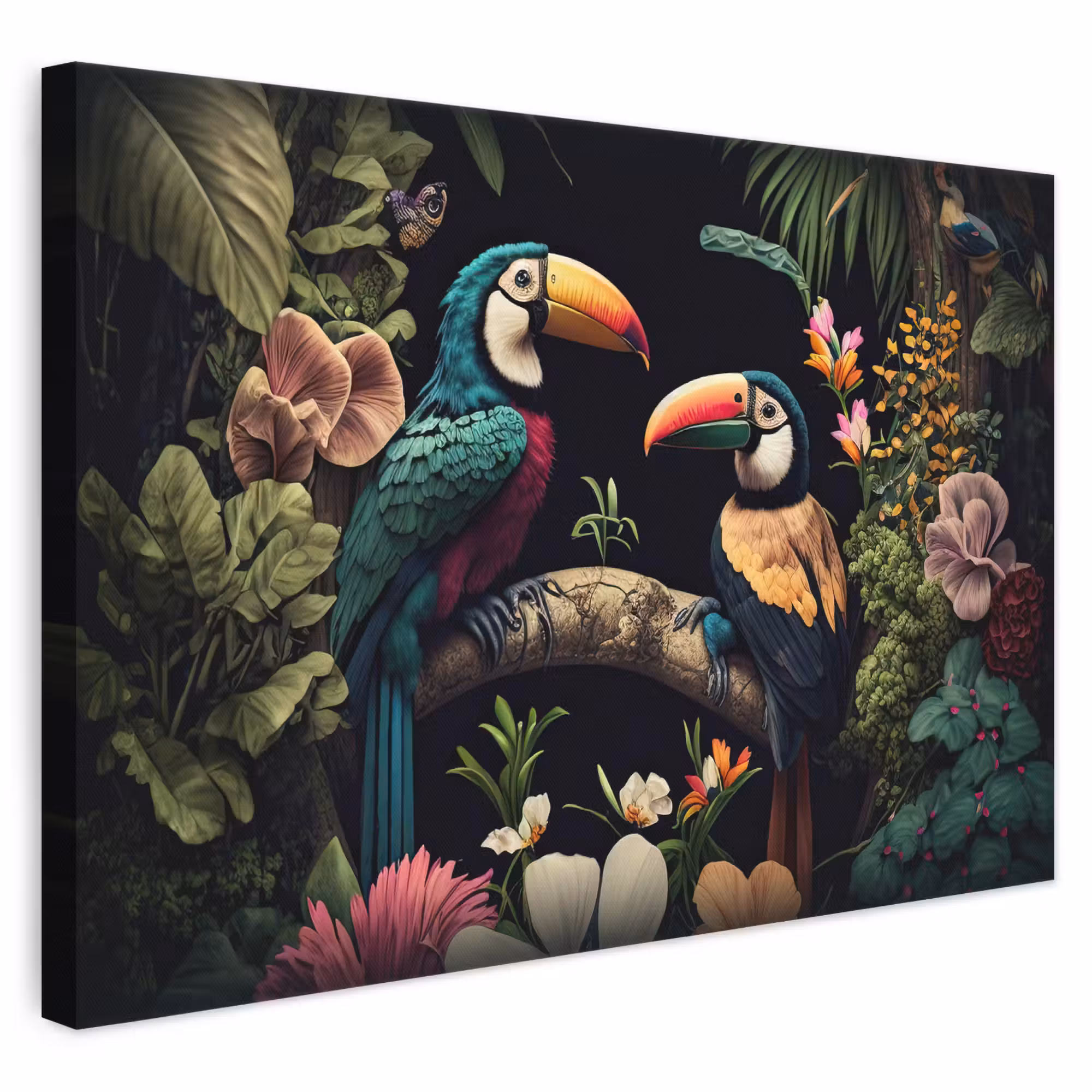 Canvas schilderij - Vogel - Bloemen - Planten - Jungle - Zwart - Toekan