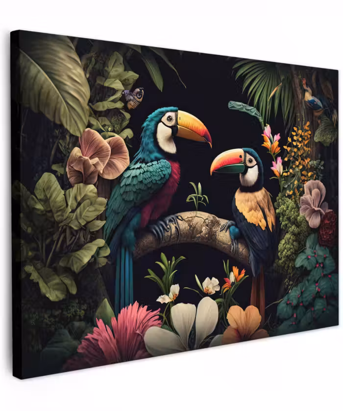Canvas schilderij - Vogel - Bloemen - Planten - Jungle - Zwart - Toekan