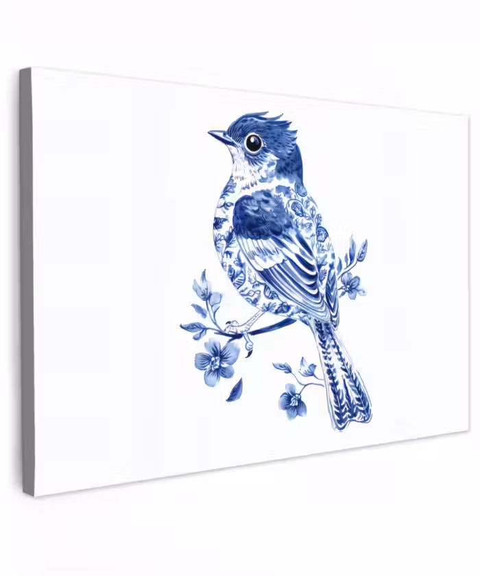 Canvas schilderij - Vogel - Delfts blauw - Illustratie - Bloemen