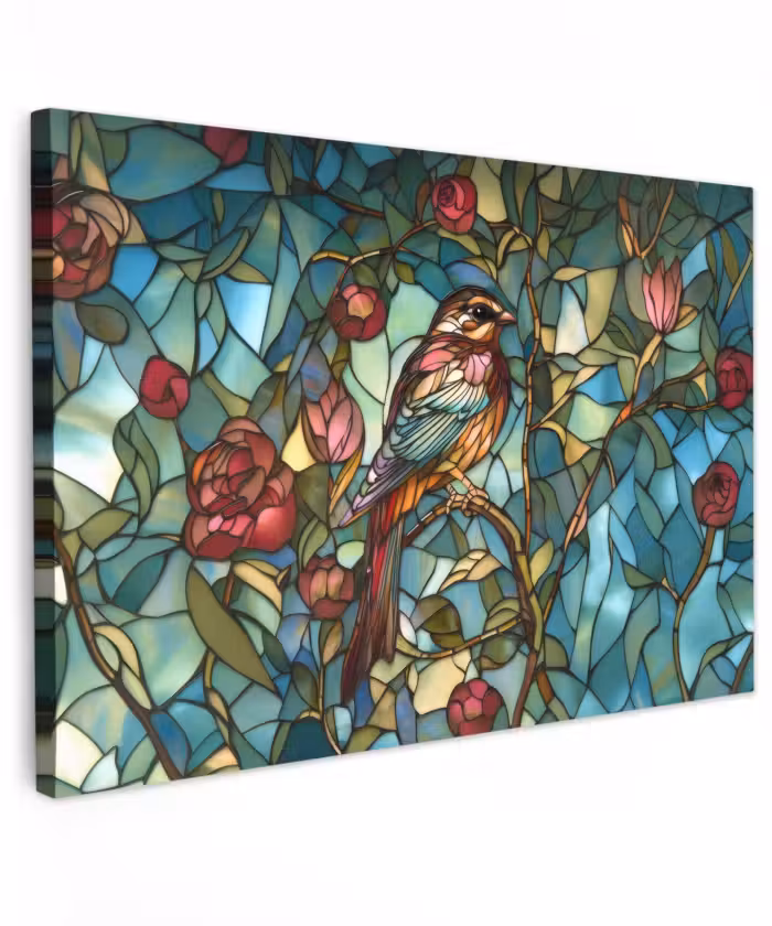 Canvas schilderij - Vogel - Tak - Rozen - Mozaïek