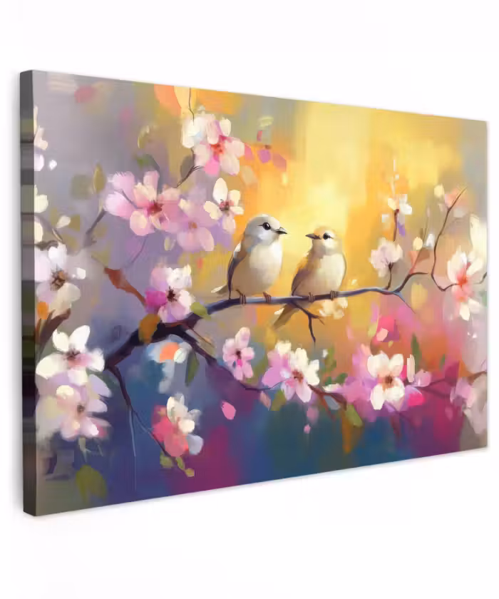 Canvas schilderij - Vogels - Bloemen - Roze