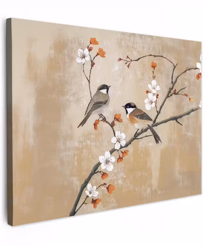 Canvas schilderij - Vogels - Bloesemtak - Bloemen - Oranje