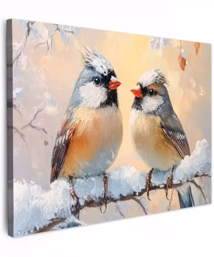 Canvas schilderij - Vogels - Tak - Winter - Sneeuw