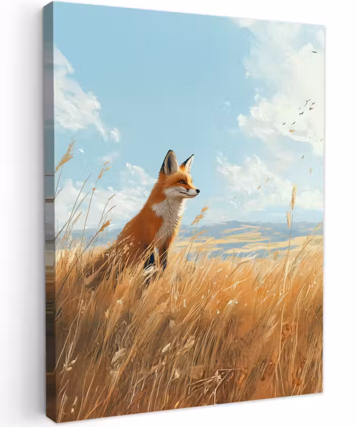 Canvas schilderij - Vos - Gras - Wolken - Oranje