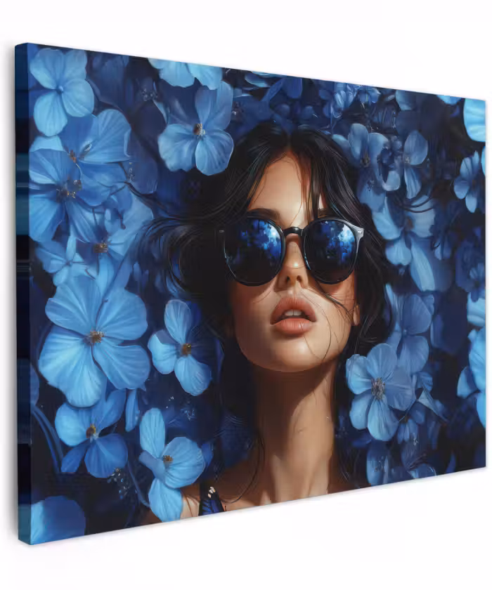 Canvas schilderij - Vrouw - Blauw - Bloemen - Vlinders - Natuur