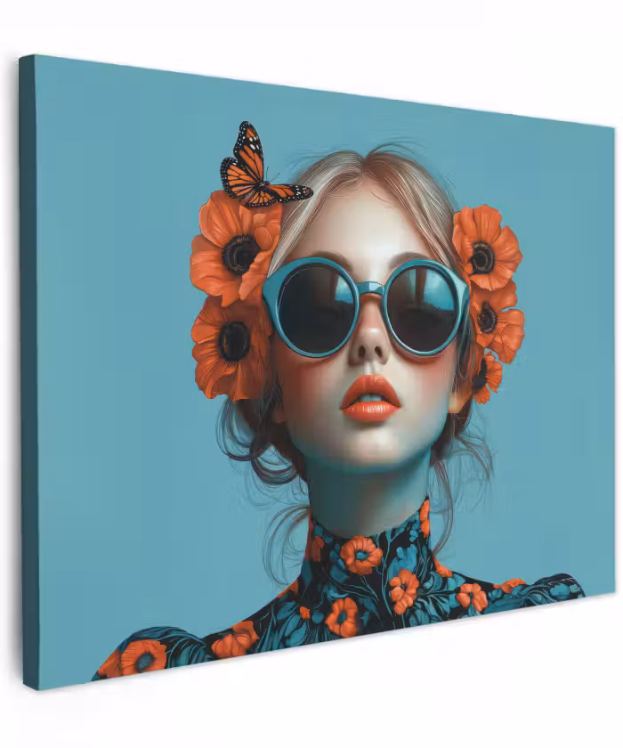 Canvas schilderij - Vrouw - Blauw - Vlinder - Bloemen - Aesthetic