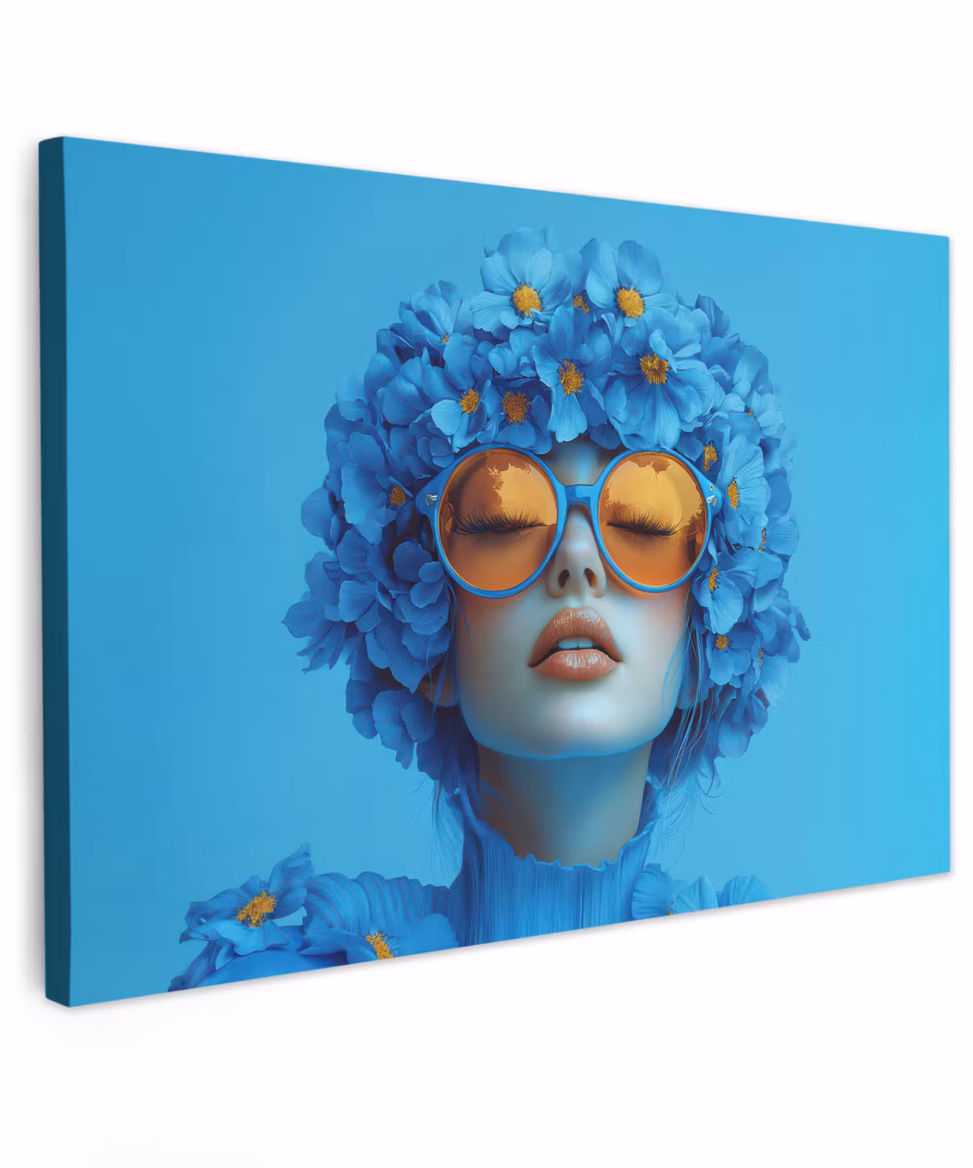 Canvas schilderij - Vrouw - Bloem - Blauw - Modern - Bril - Portret