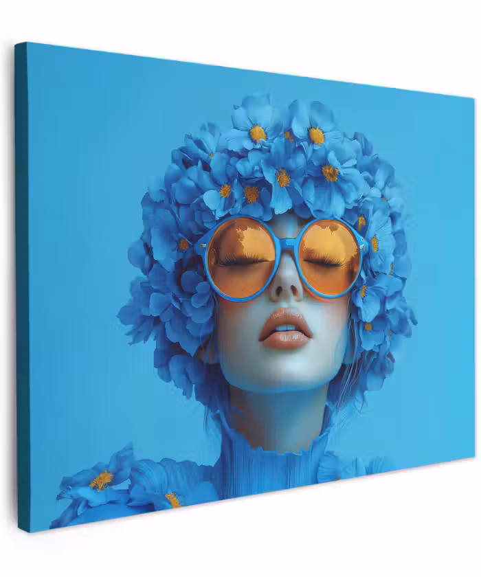 Canvas schilderij - Vrouw - Bloem - Blauw - Modern - Bril - Portret