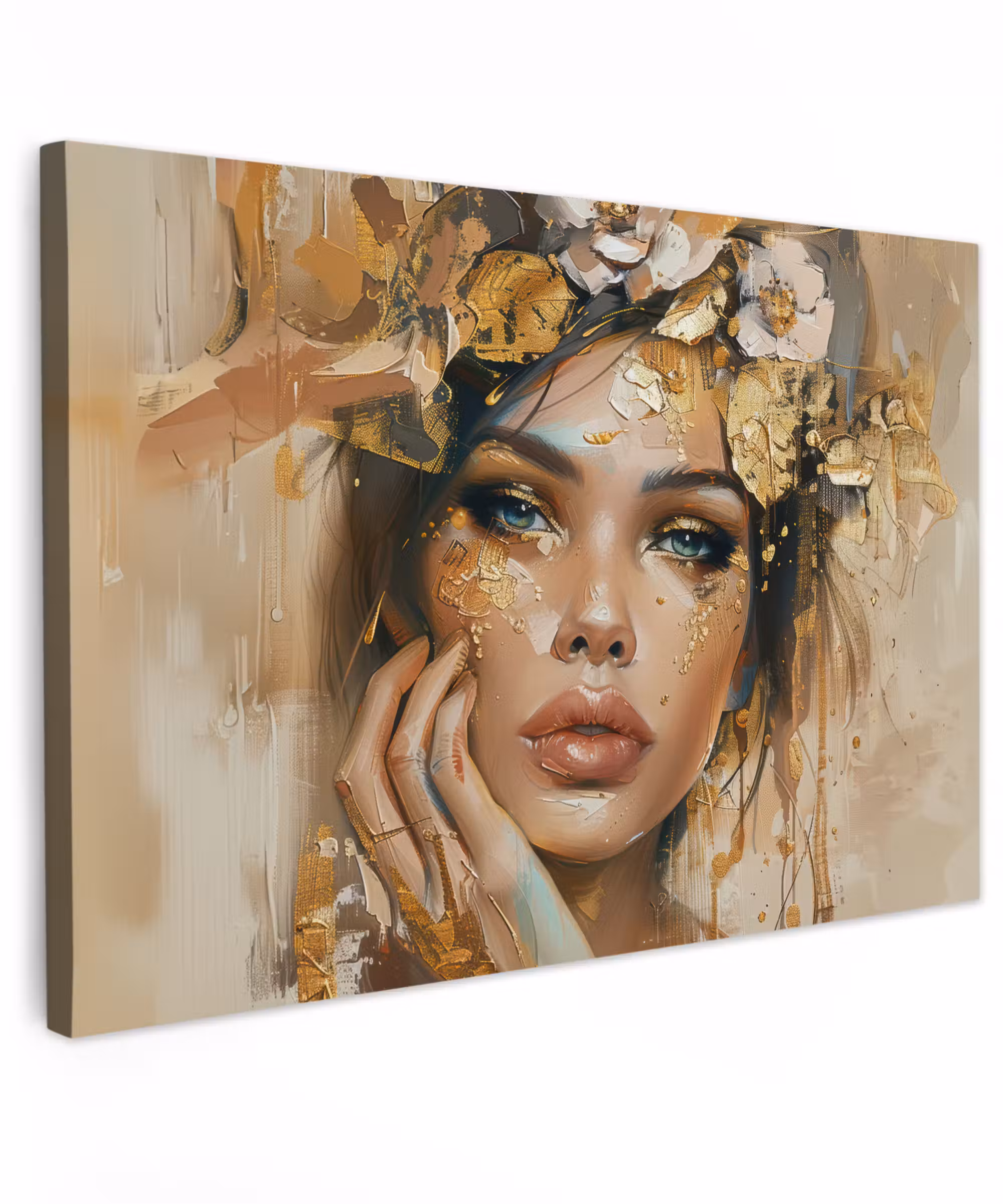 Canvas schilderij - Vrouw - Bloemen - Goud - Portret