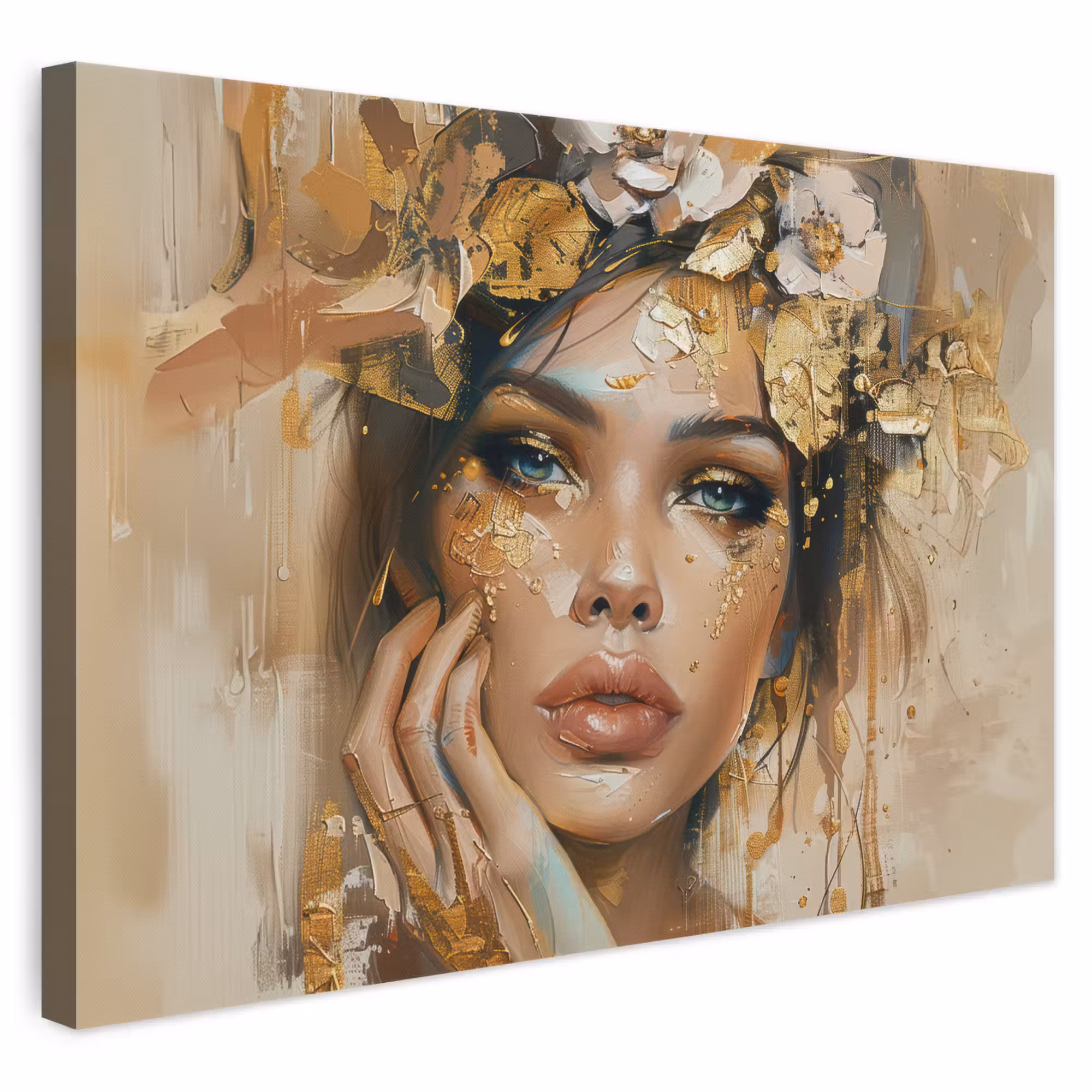 Canvas schilderij - Vrouw - Bloemen - Goud - Portret