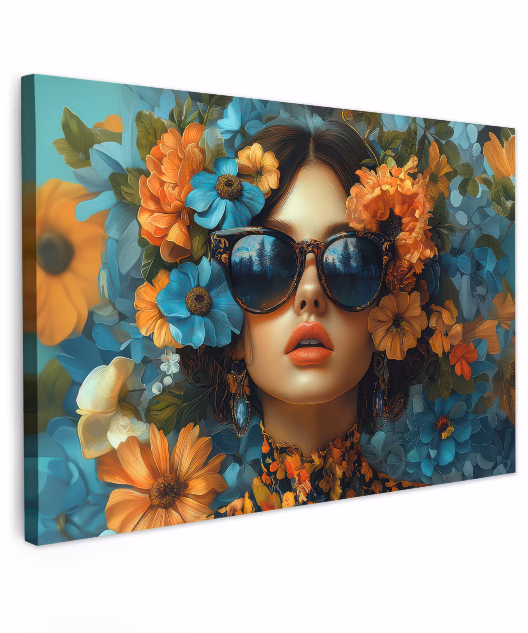 Canvas schilderij - Vrouw - Bloemen - Oranje - Blauw - Modern