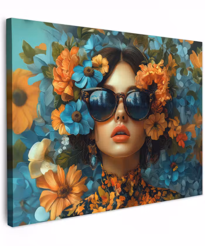Canvas schilderij - Vrouw - Bloemen - Oranje - Blauw - Modern
