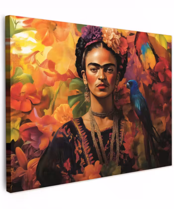 Canvas schilderij - Vrouw - Bloemen - Papegaai - Schilderachtig