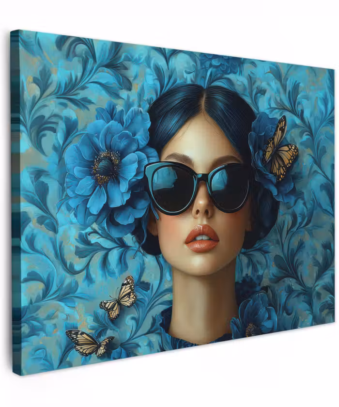 Canvas schilderij - Vrouw - Bloemen - Vlinders - Blauw - Abstract