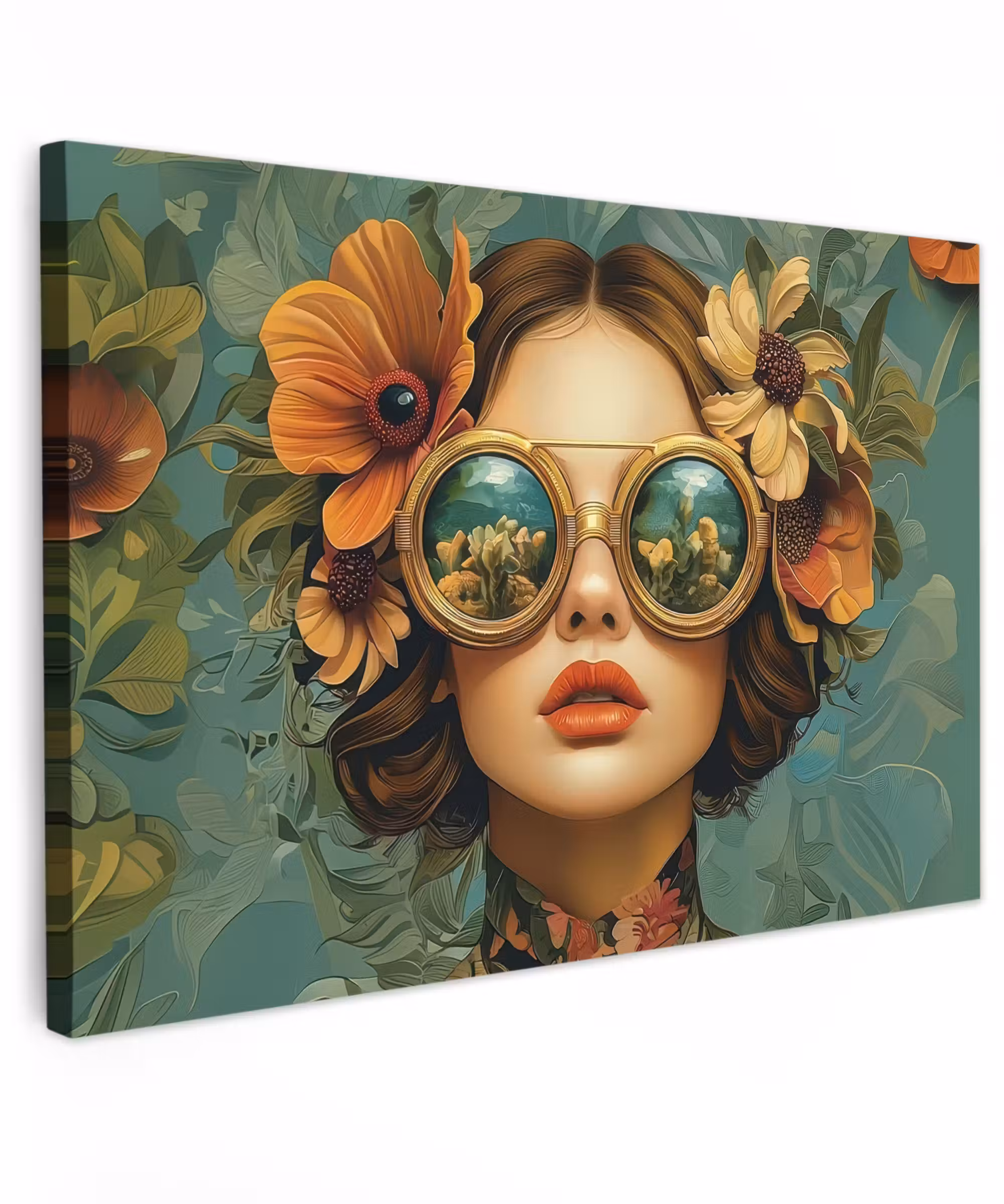 Canvas schilderij - Vrouw - Bloemen - Vlinders - Natuur - Vintage