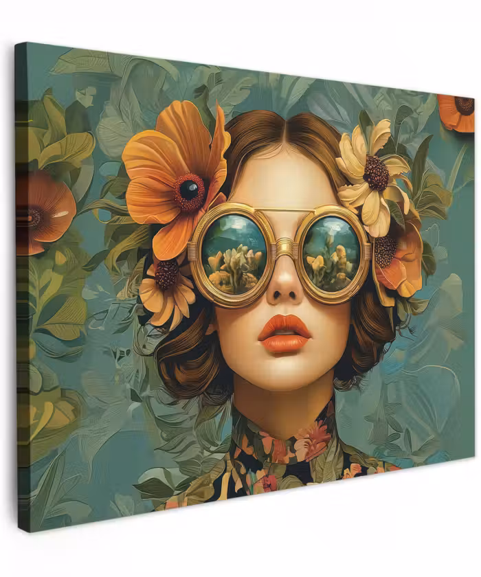 Canvas schilderij - Vrouw - Bloemen - Vlinders - Natuur - Vintage