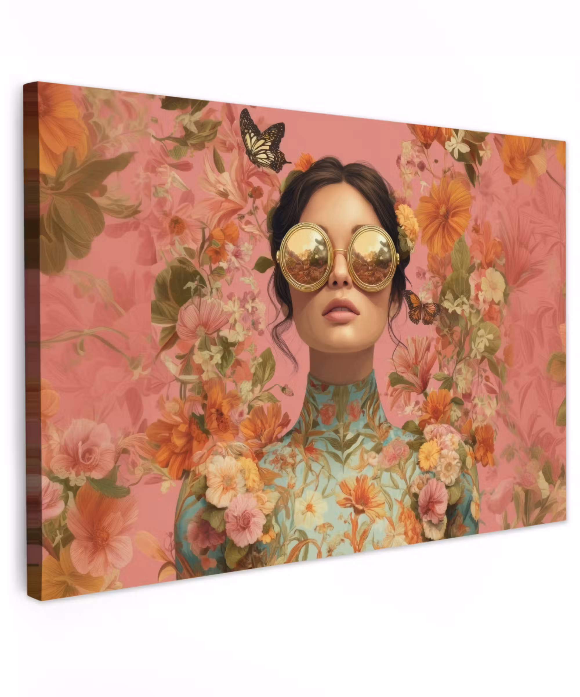 Canvas schilderij - Vrouw - Bril - Roze - Bloemen