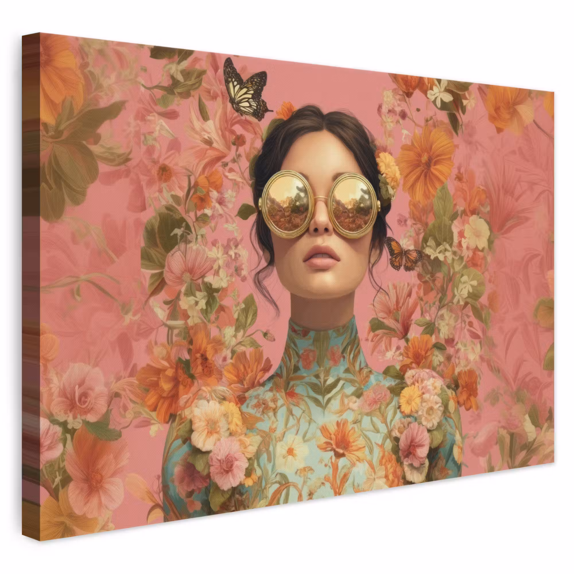 Canvas schilderij - Vrouw - Bril - Roze - Bloemen