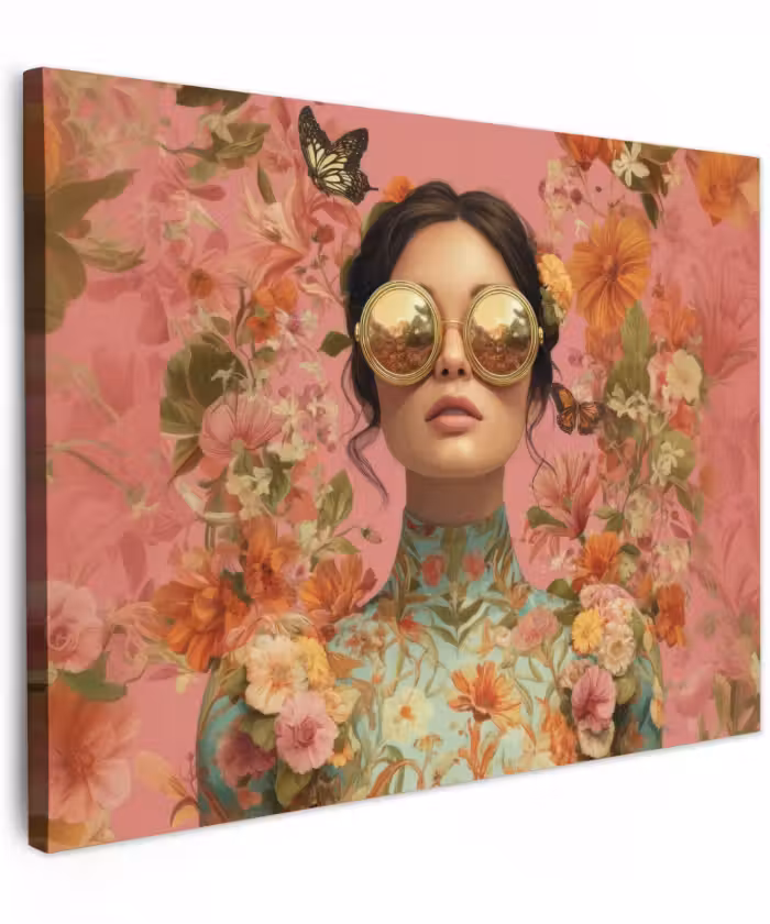 Canvas schilderij - Vrouw - Bril - Roze - Bloemen