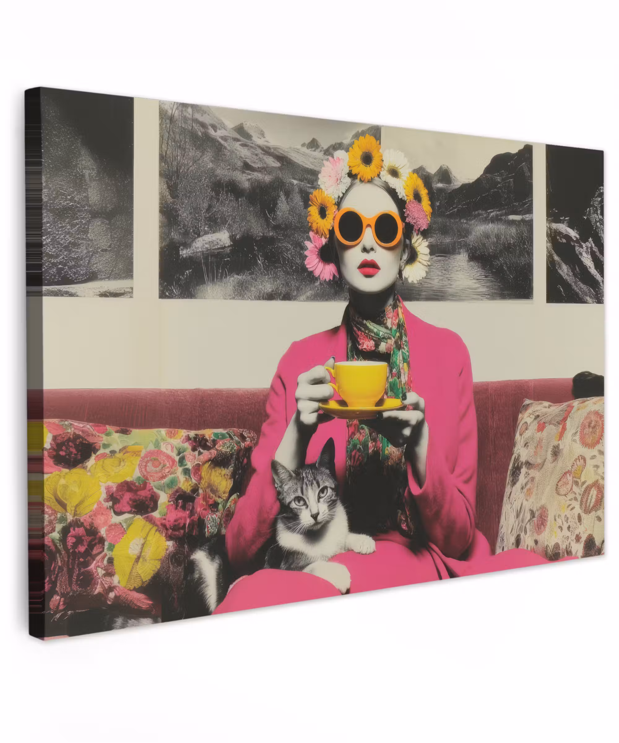Canvas schilderij - Vrouw - Kat - Bloemen - Kopje - Retro