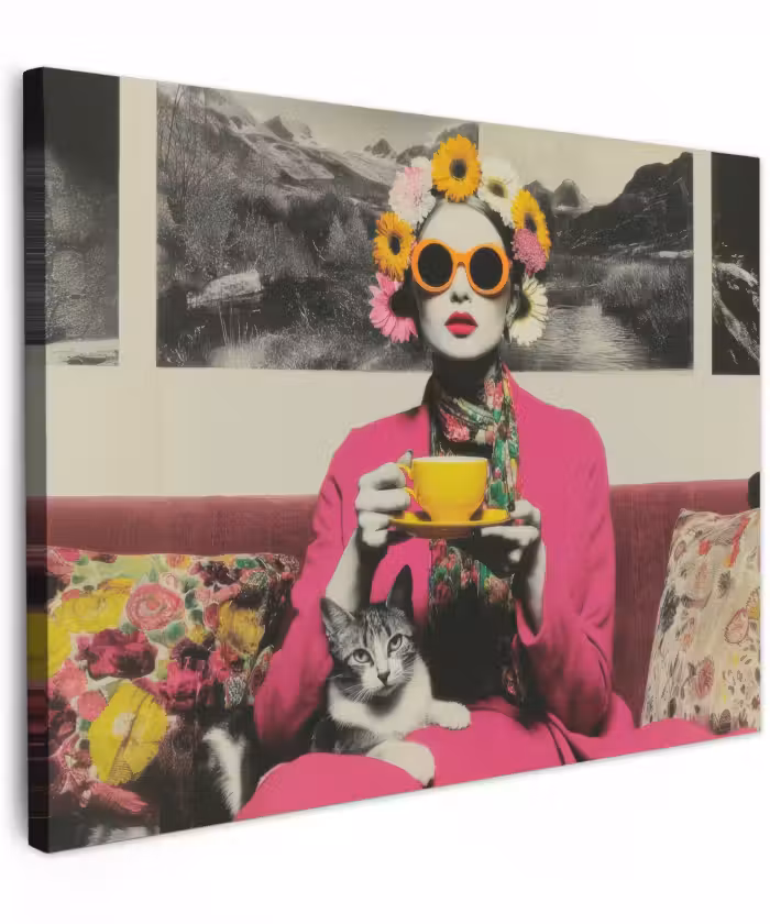 Canvas schilderij - Vrouw - Kat - Bloemen - Kopje - Retro