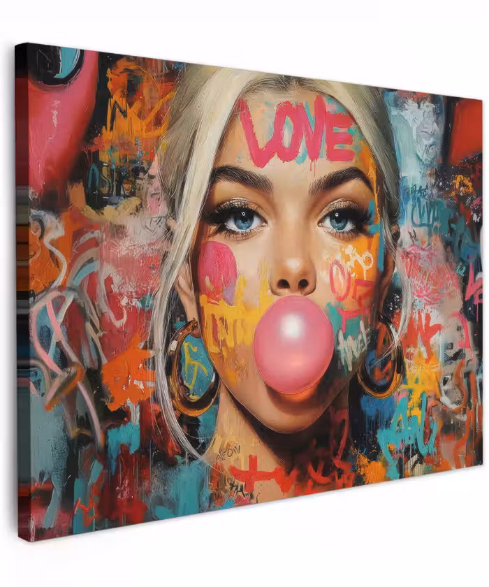 Canvas schilderij - Vrouw - Kauwgom - Graffiti - Love
